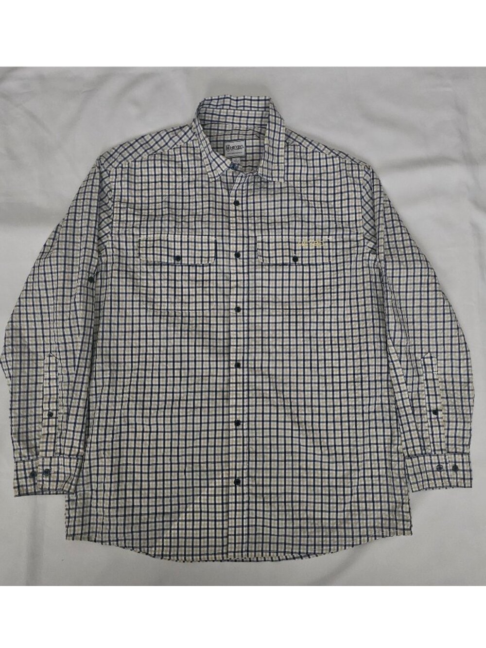 HEYBO Outdoors Navy-Khaki-White Headwaters Seersucker Long Sleeve Shirt Small - Picture 3 of 13